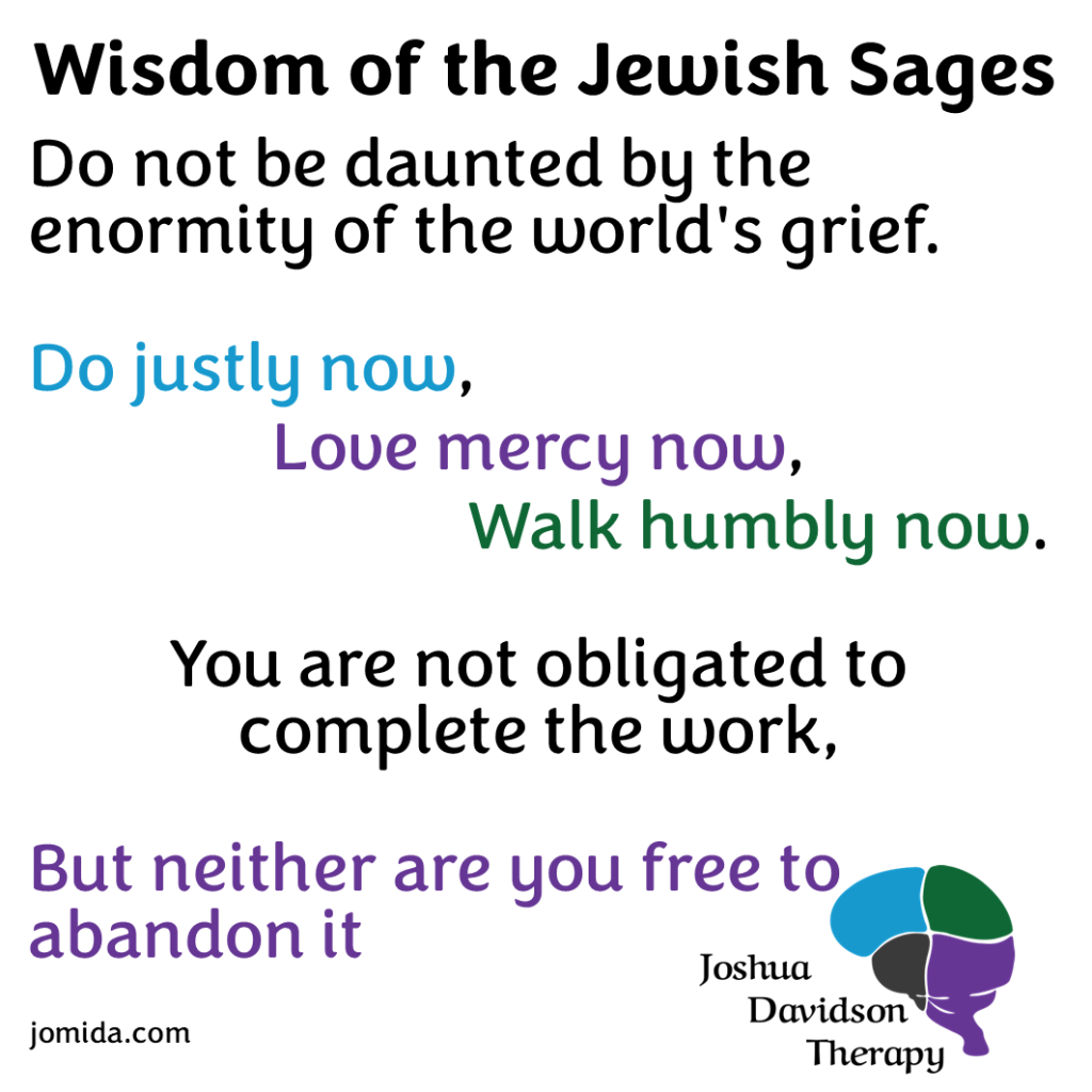 Text says "Wisdom of the Jewish Sages - Do not be daunted by the enormity of the world's grief. Do justly now, love mercy now, walk humbly now. You are not obligated to complete the work, but neither are you free to abandon it", posted by Joshua Davidson Therapy